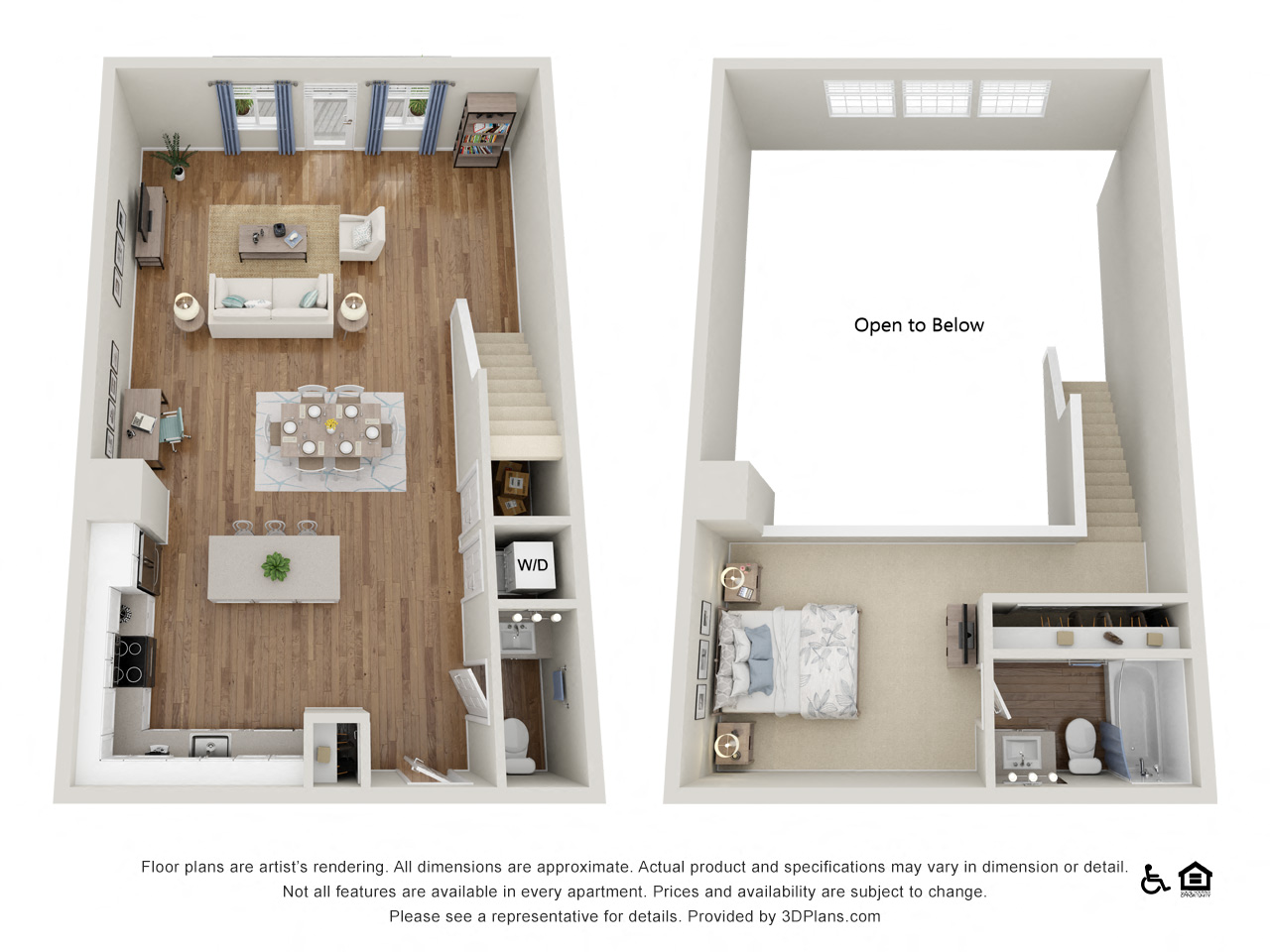 Floor plan for 1 bed, 1.5 baths, 955 sqft